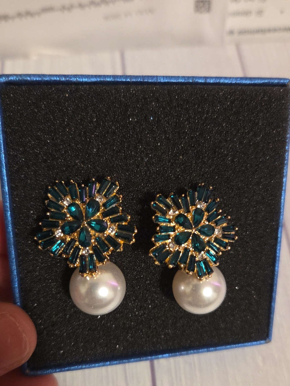Gold-Tone Teardrop Pearl Earrings with Teal Crystal Flower